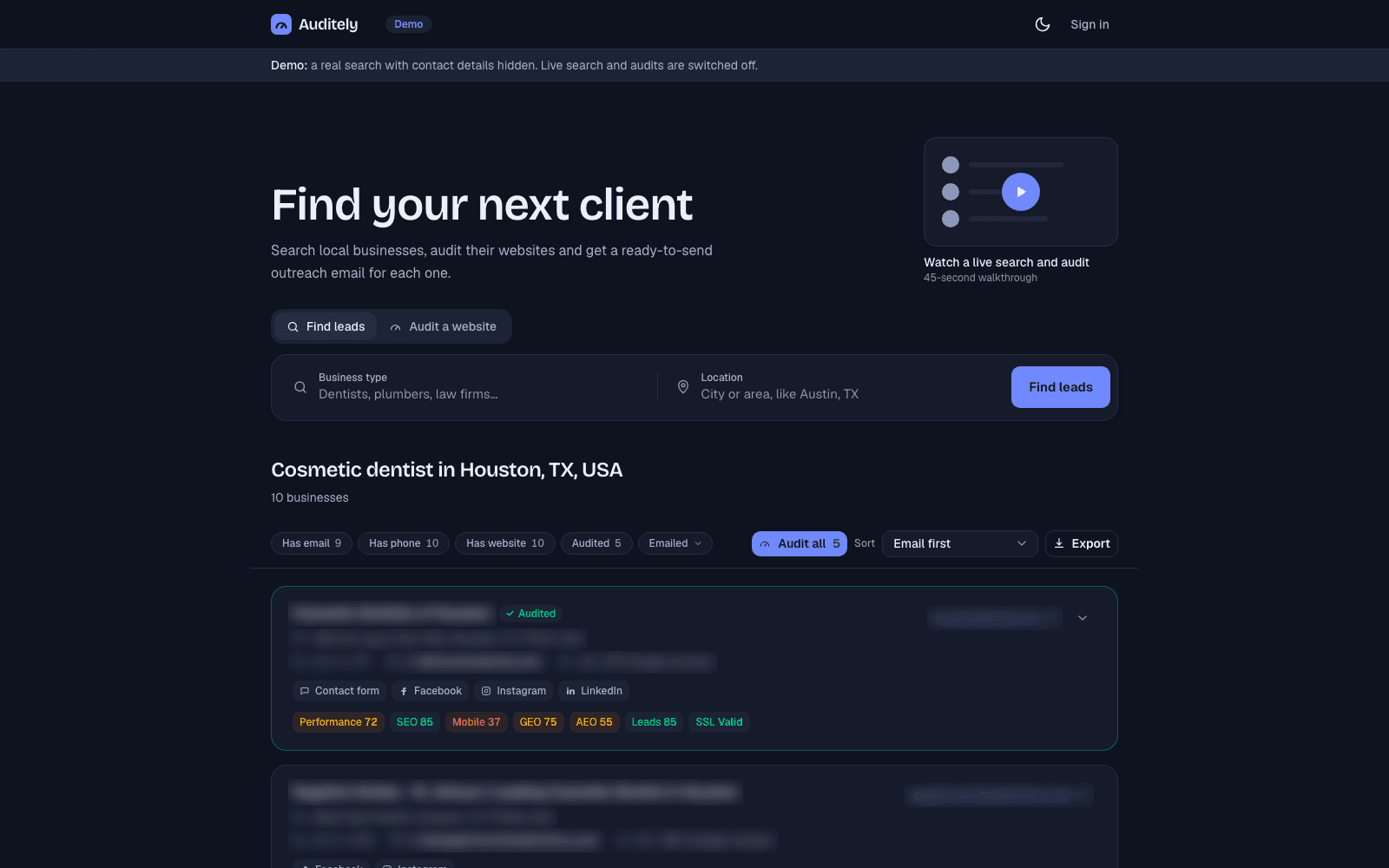 Auditely's demo: a search for cosmetic dentists in Houston, with audit scores for each business and their names blurred